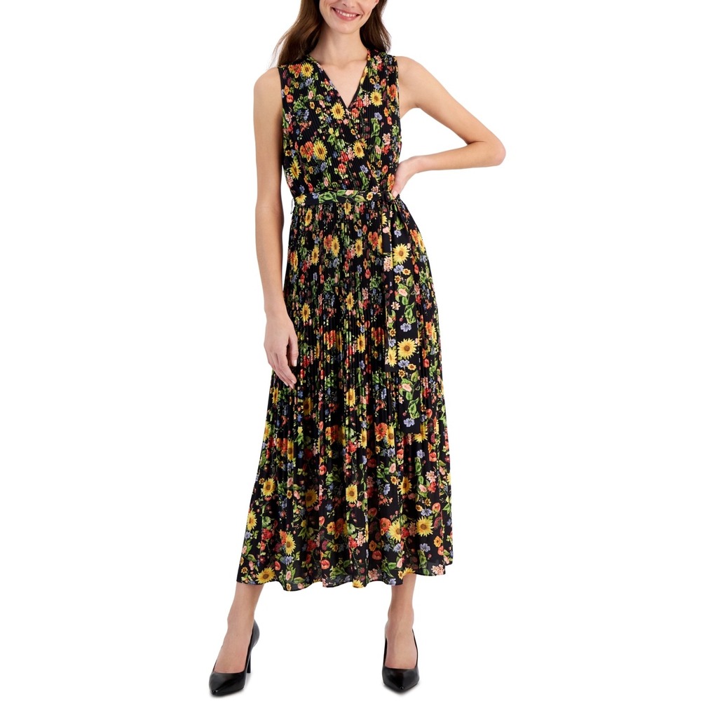 T Tahari sizeS Black Floral Print Pleated Midi Dress Sleeveless V Neck Tie Waist